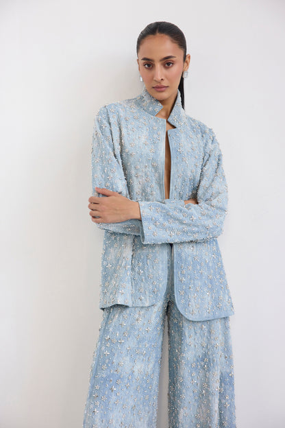Two-Tone Swarosvki Embellished Denim Jacket & Flared Pant Set