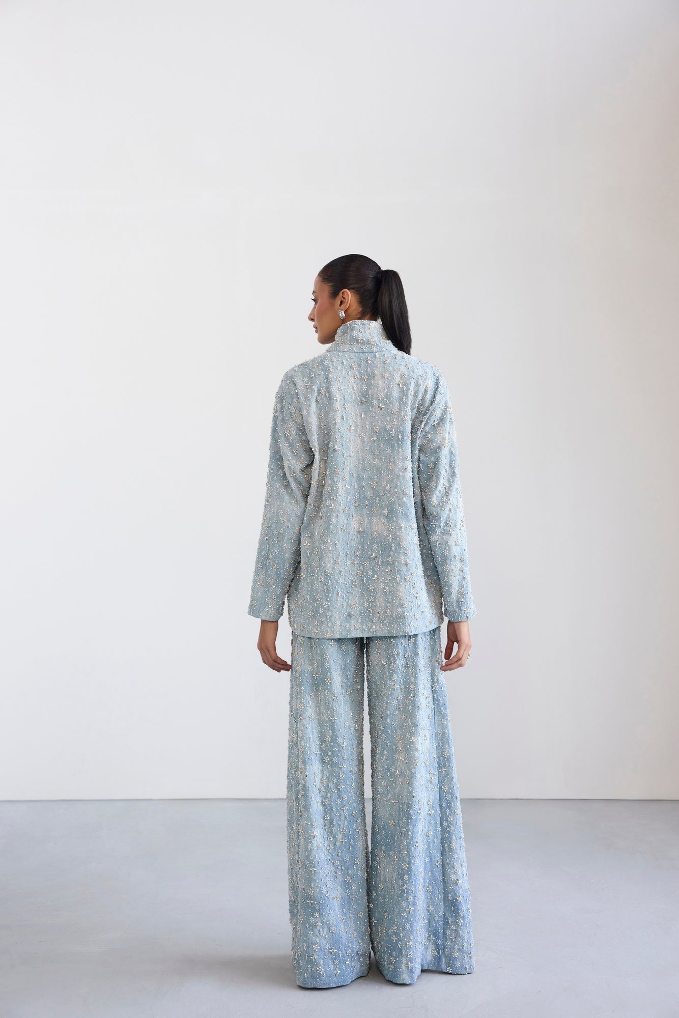 Two-Tone Swarosvki Embellished Denim Jacket & Flared Pant Set