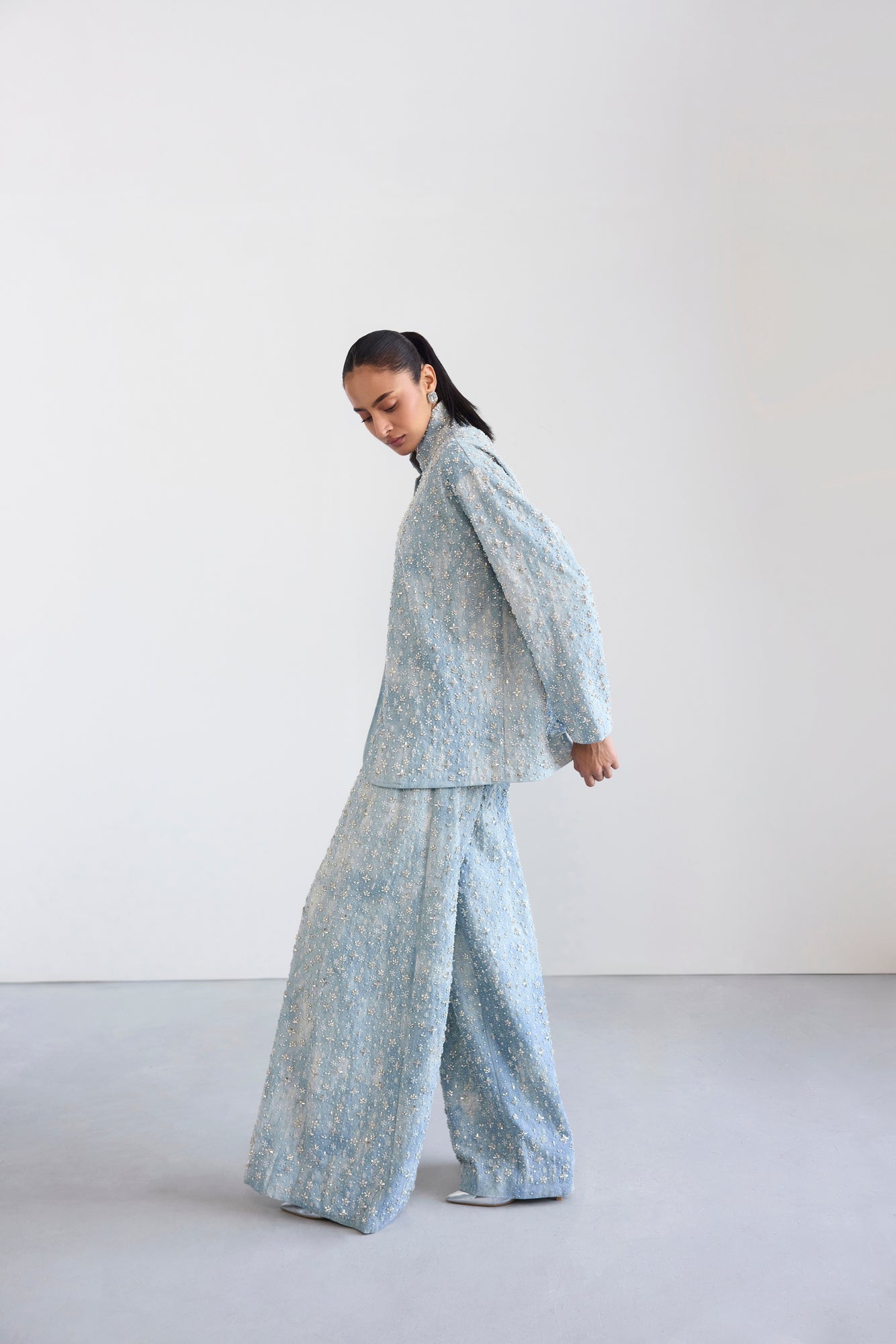Two-Tone Swarosvki Embellished Denim Jacket & Flared Pant Set