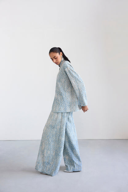 Two-Tone Swarosvki Embellished Denim Jacket & Flared Pant Set