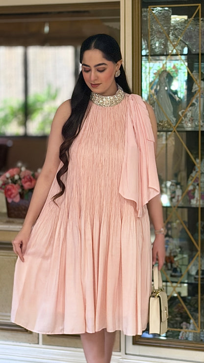 Baby Pink Crush Silk Dress With Embellished Neckline