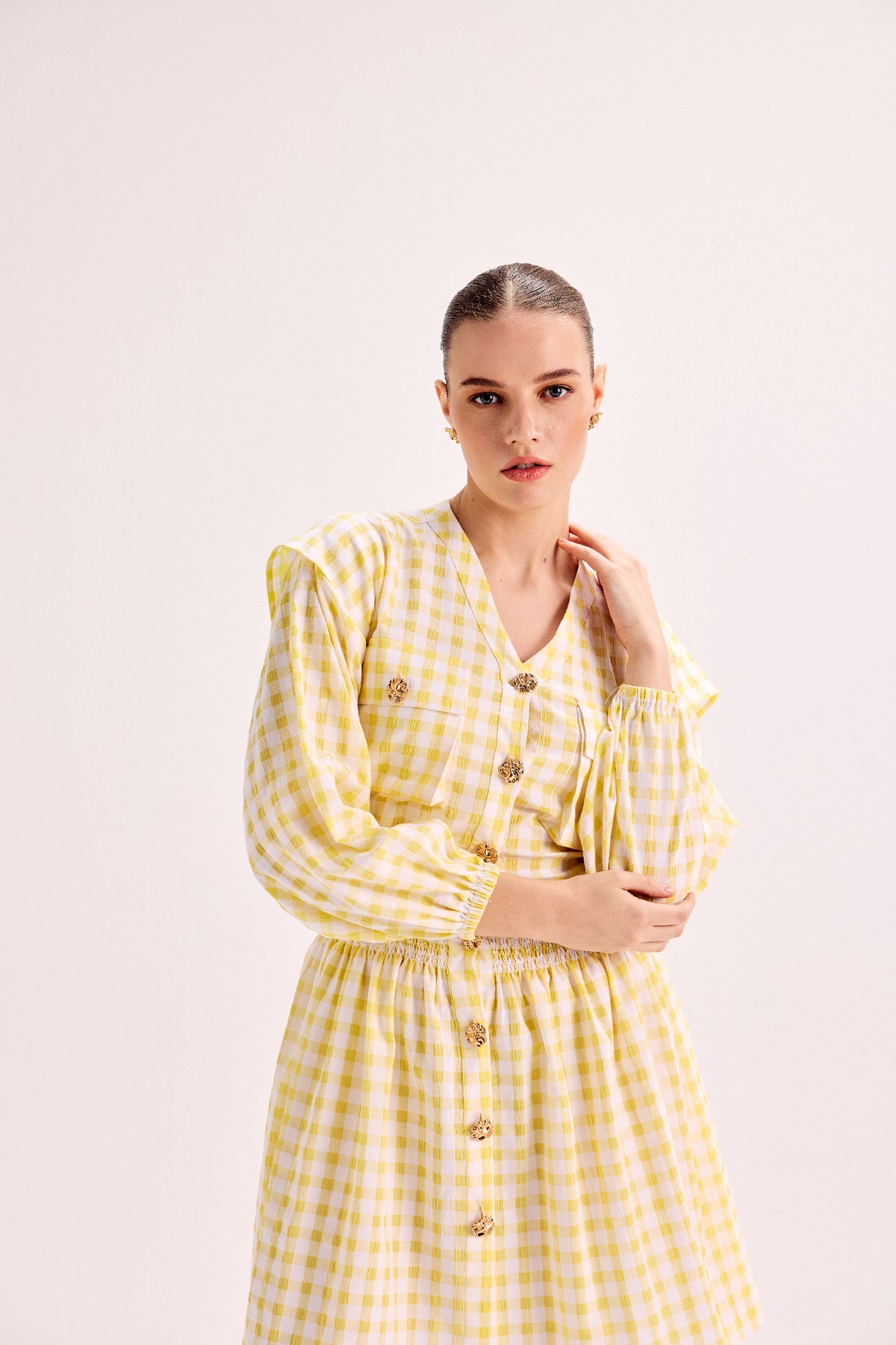 Yellow Gingham Smocked Waist Mini Dress