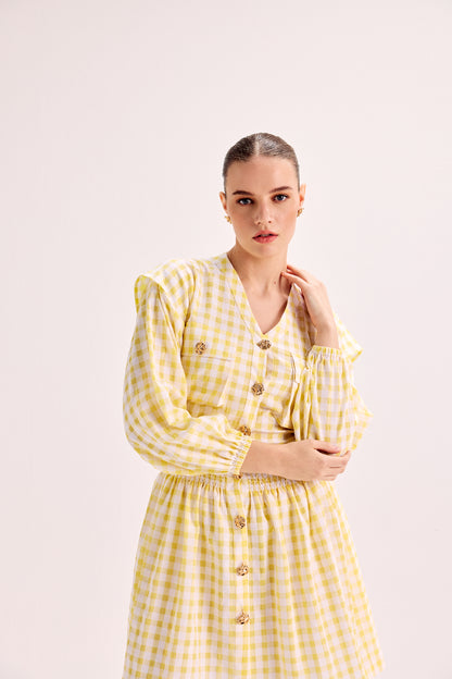 Yellow Gingham Smocked Waist Mini Dress