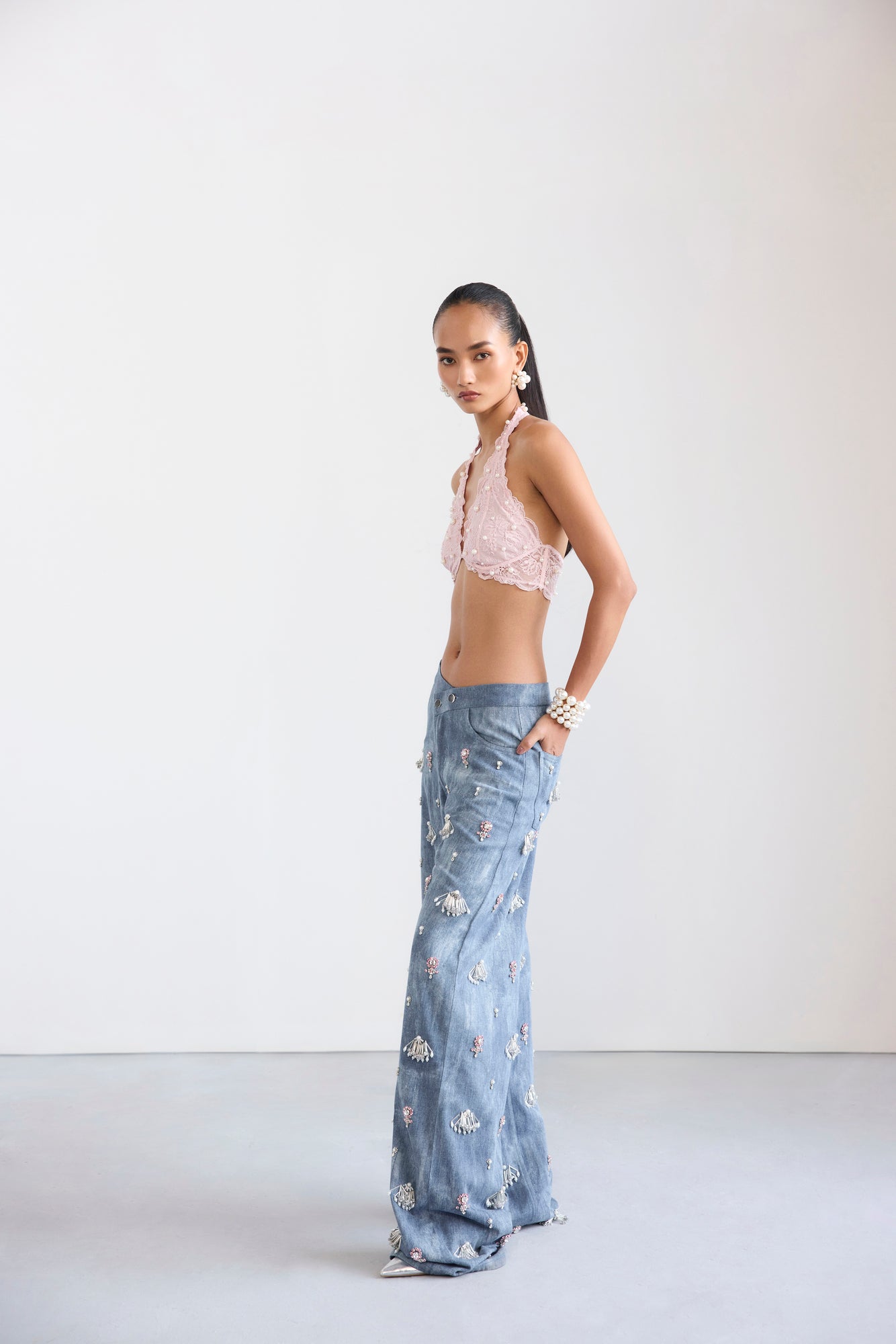 Swarosvki Embellished Denim & Pearl Lace Bralette Set
