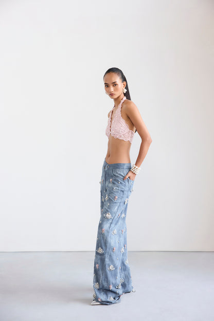 Swarosvki Embellished Denim & Pearl Lace Bralette Set