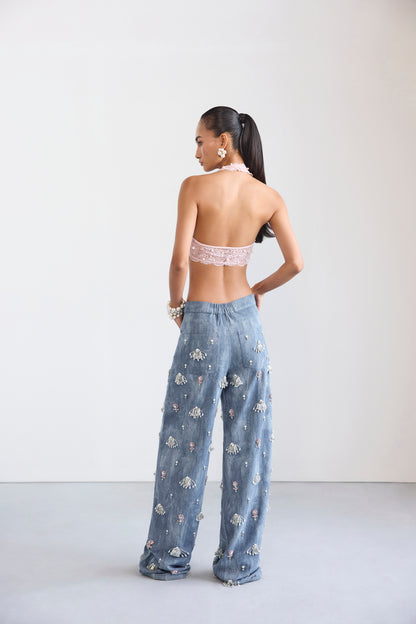 Swarosvki Embellished Denim & Pearl Lace Bralette Set