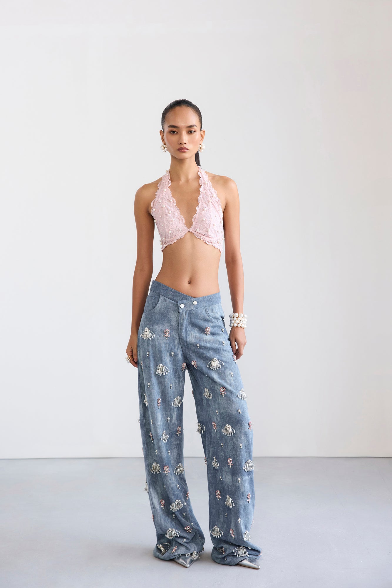 Swarosvki Embellished Denim & Pearl Lace Bralette Set