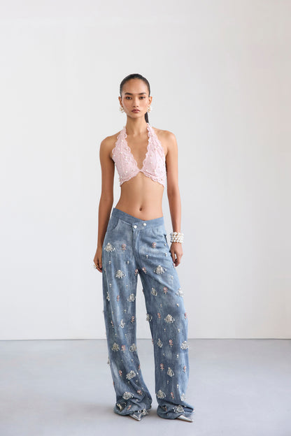 Swarosvki Embellished Denim & Pearl Lace Bralette Set