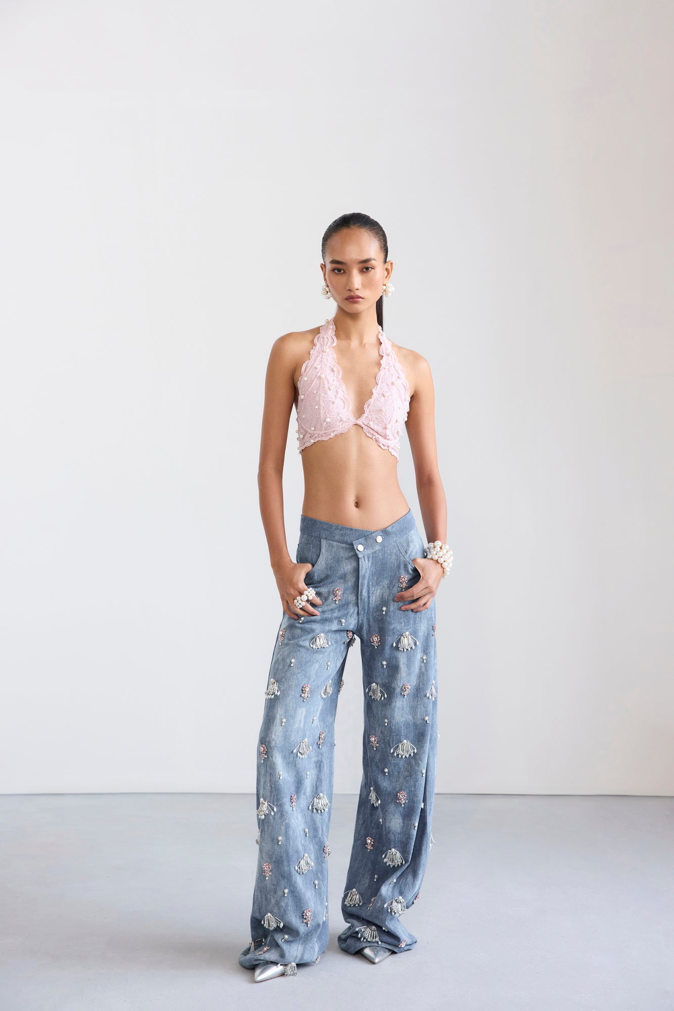 Swarosvki Embellished Denim & Pearl Lace Bralette Set