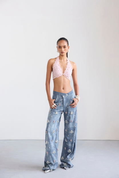 Swarosvki Embellished Denim & Pearl Lace Bralette Set