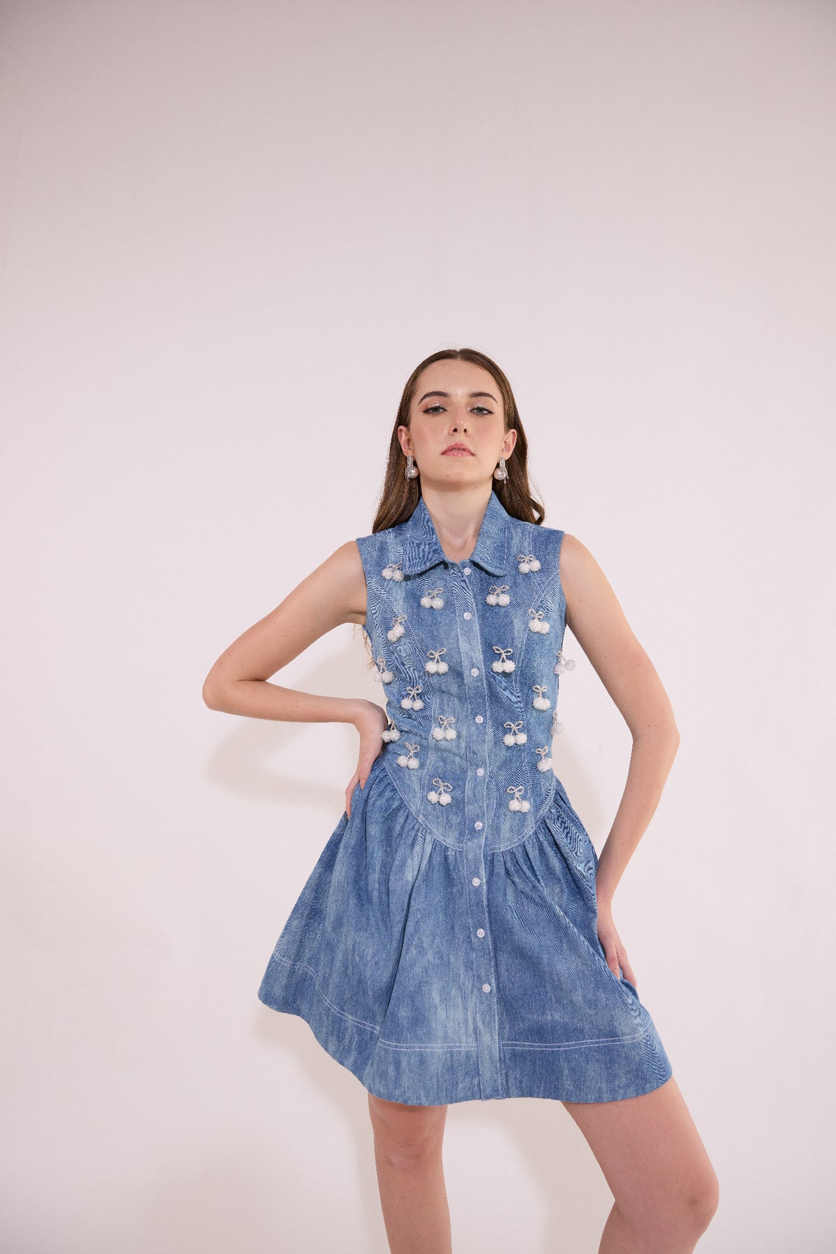 Corset Drop Waist Cherry Embellished Bodice Denim Dress