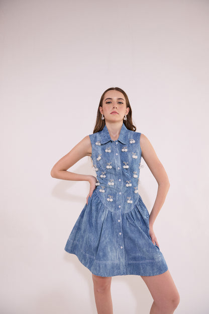 Corset Drop Waist Cherry Embellished Bodice Denim Dress