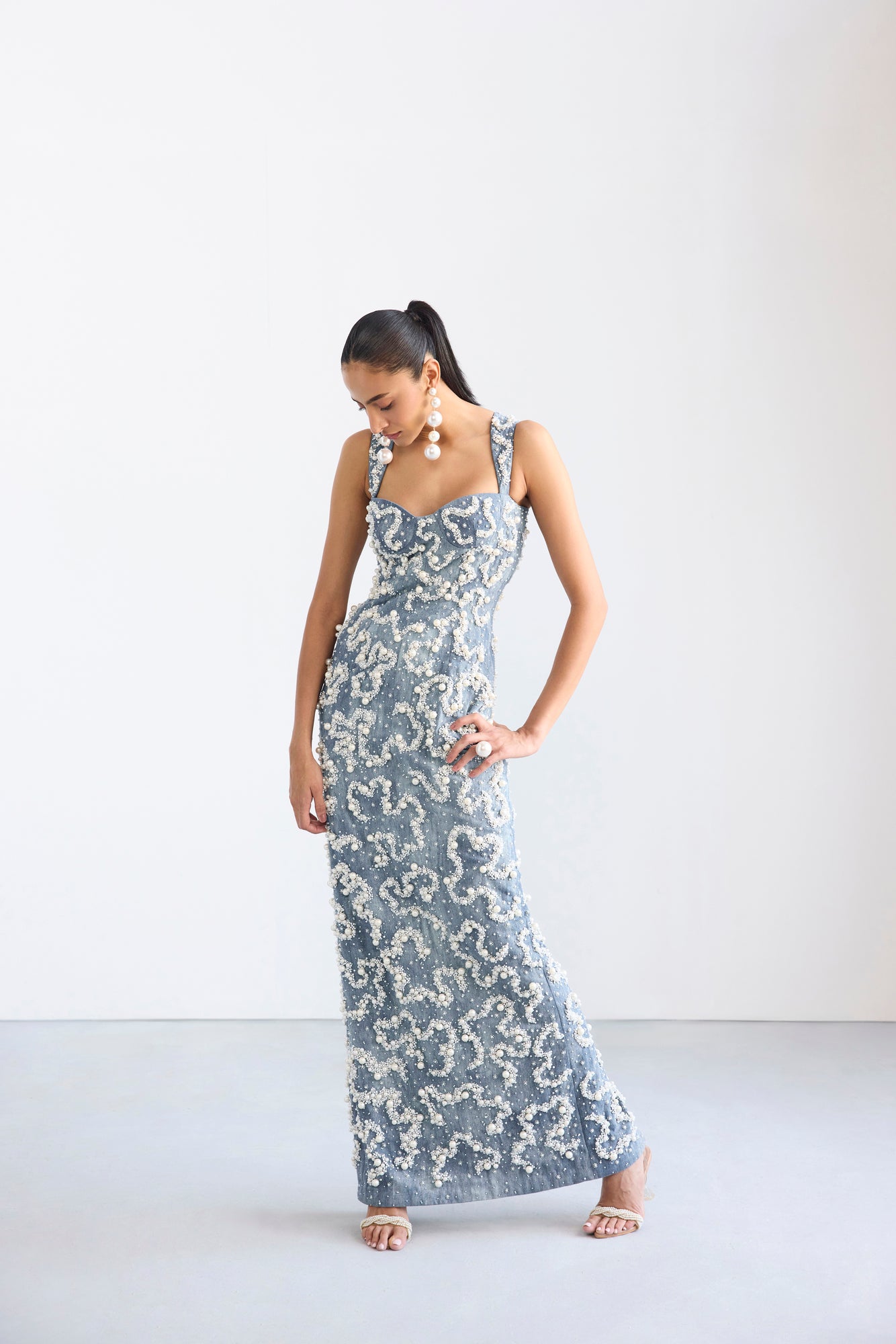 Pearl Embroidered Denim Fitted Sweetheart Neckline Dress
