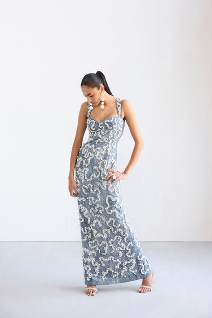 Pearl Embroidered Denim Fitted Sweetheart Neckline Dress