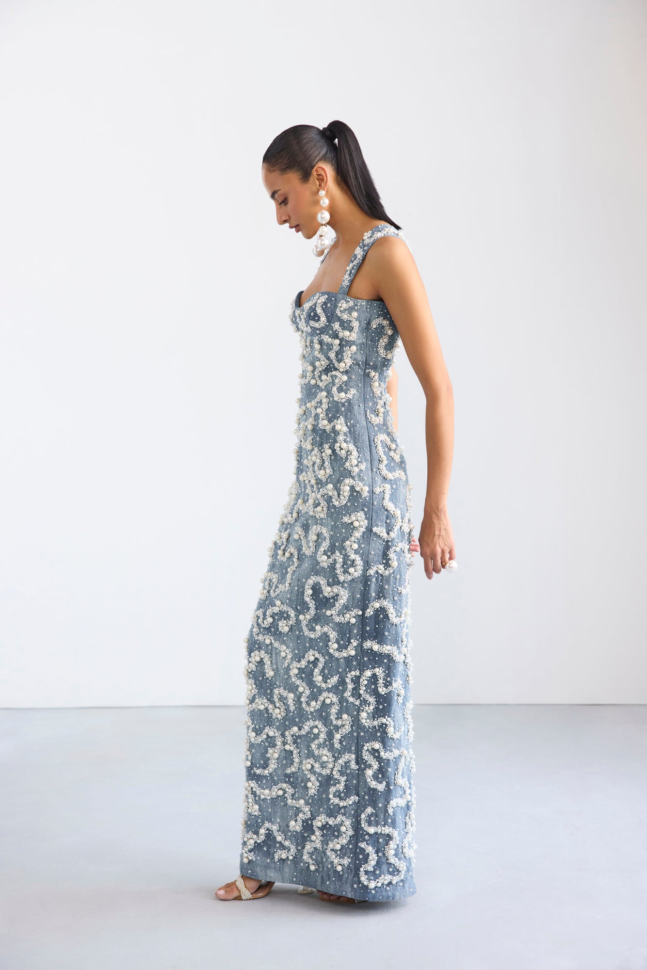 Pearl Embroidered Denim Fitted Sweetheart Neckline Dress
