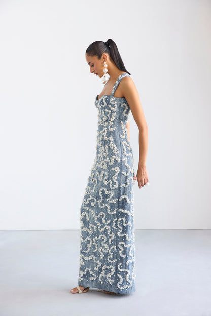 Pearl Embroidered Denim Fitted Sweetheart Neckline Dress
