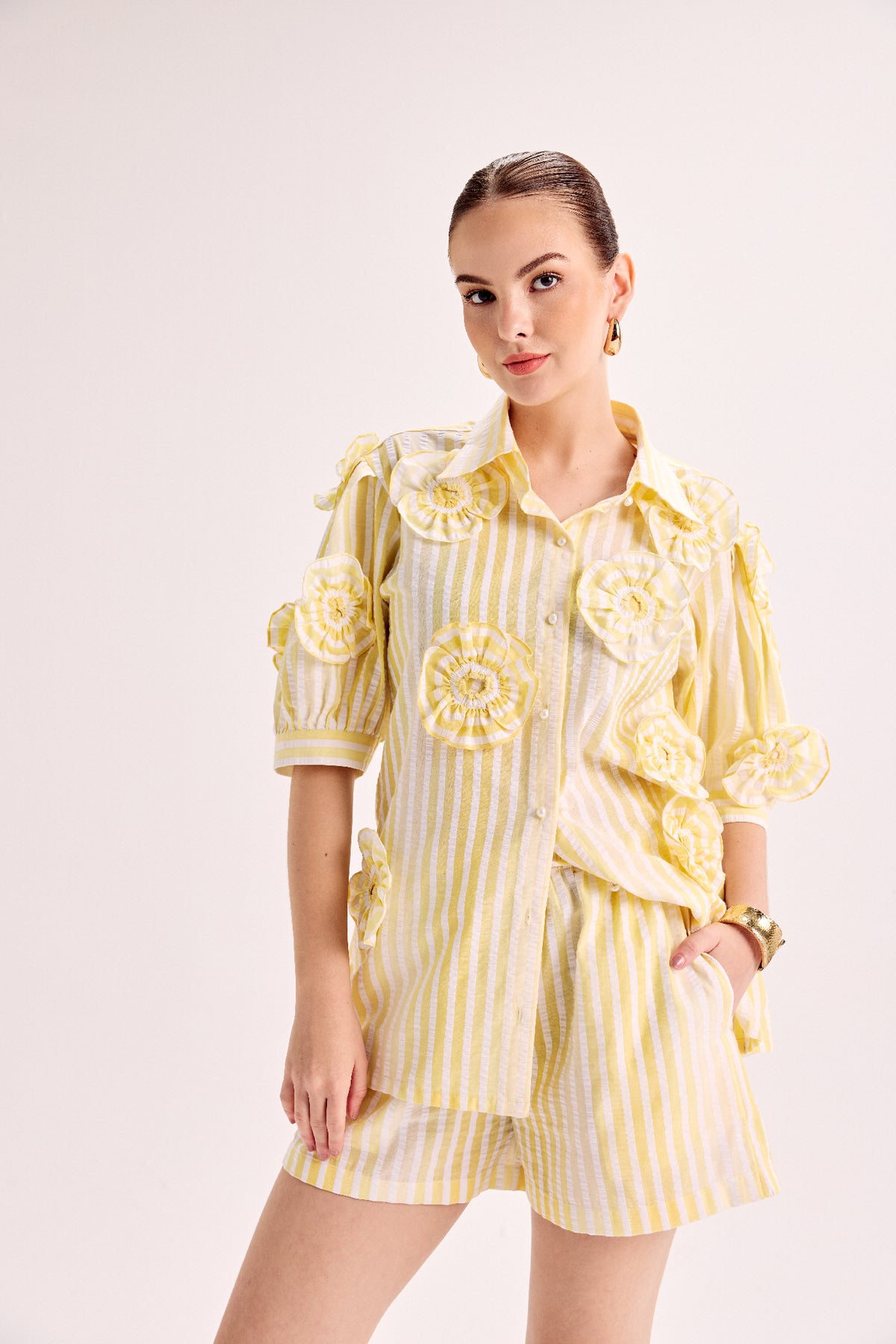 Yellow And White Seersucker Ombre Stripe Flower Shirt Paired With Pocket Shorts