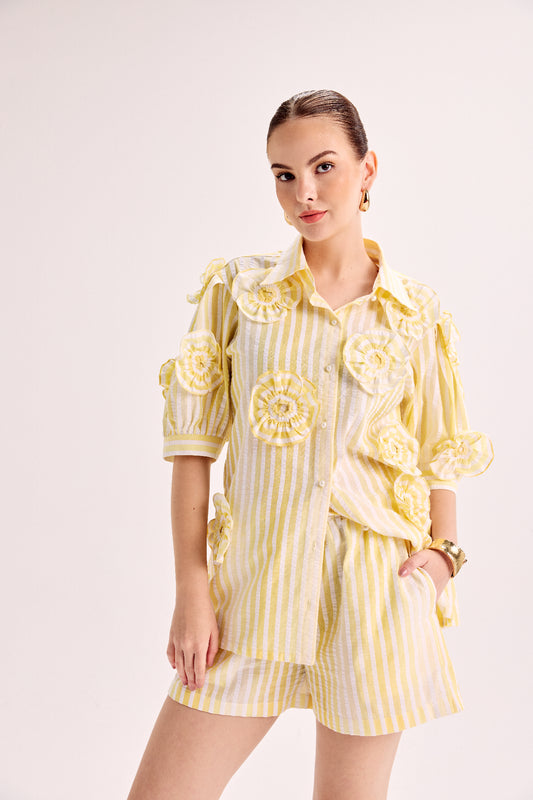 Yellow And White Seersucker Ombre Stripe Flower Shirt Paired With Pocket Shorts