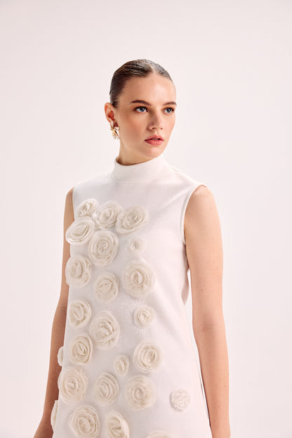 3D Flower Midi Scuba Baby Ivory Dress