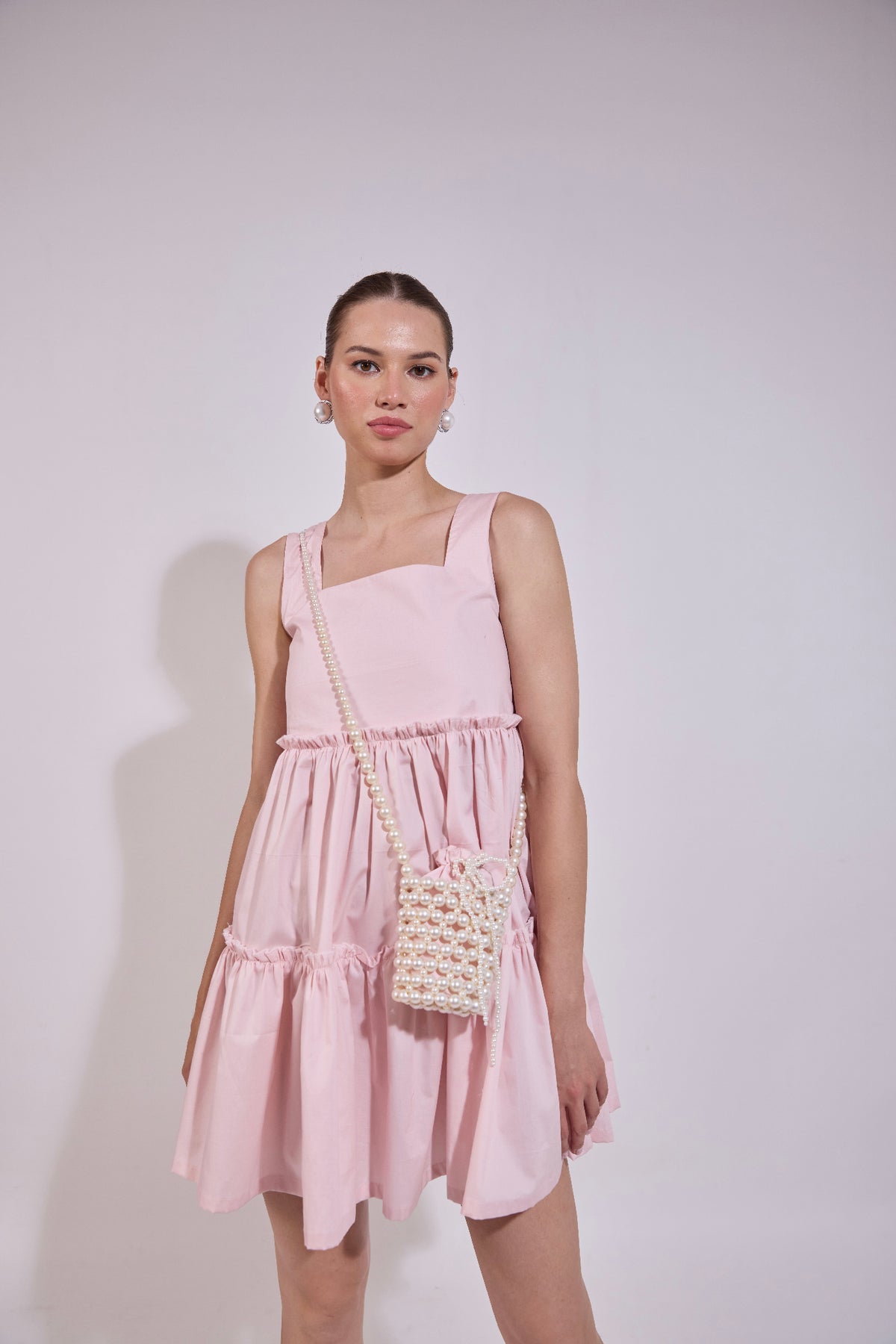 Blush Pink Flared Dress With Pearl Attatched Purse