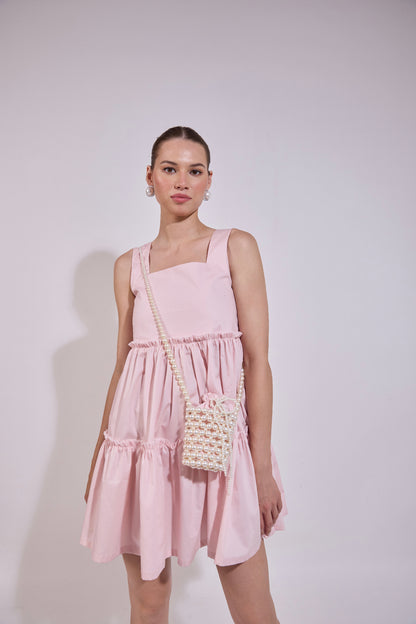Blush Pink Flared Dress With Pearl Attatched Purse