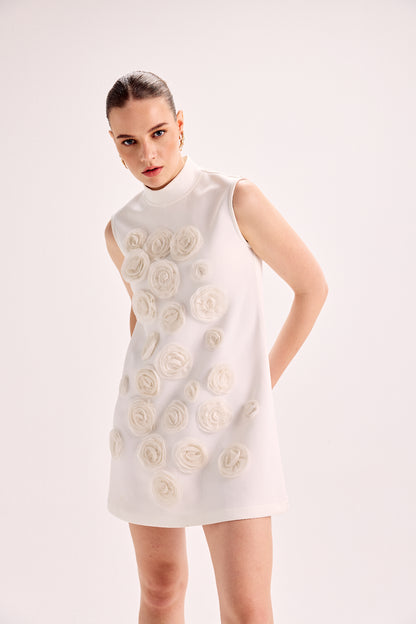 3D Flower Midi Scuba Baby Ivory Dress