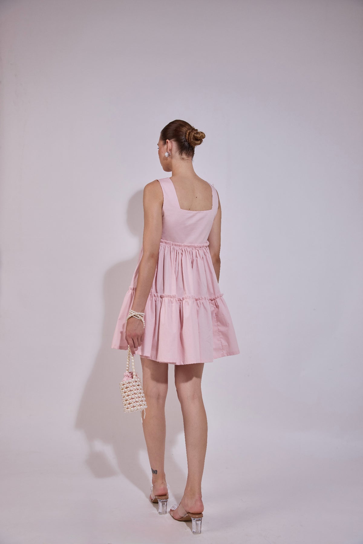 Blush Pink Flared Dress With Pearl Attatched Purse