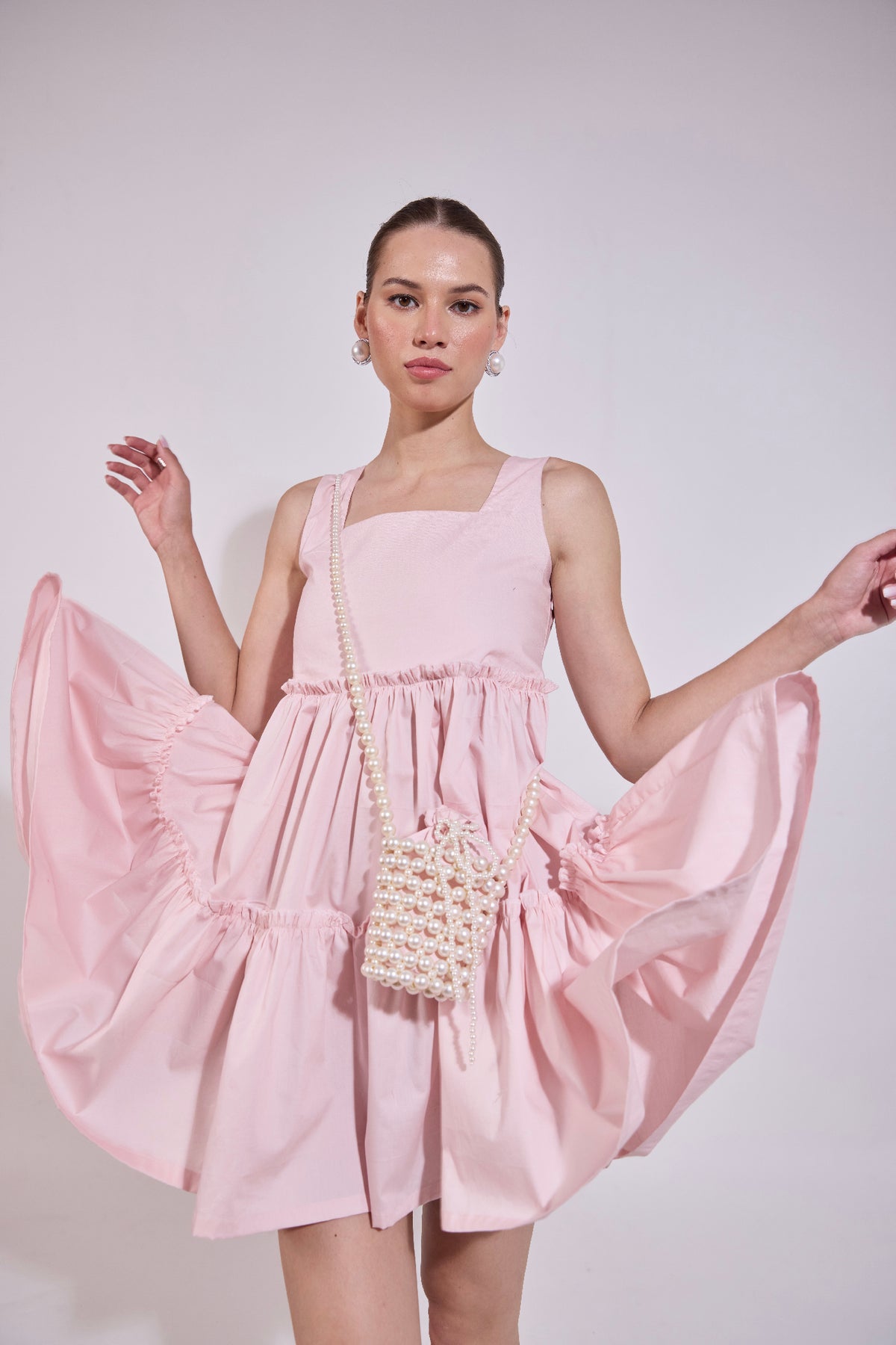 Blush Pink Flared Dress With Pearl Attatched Purse