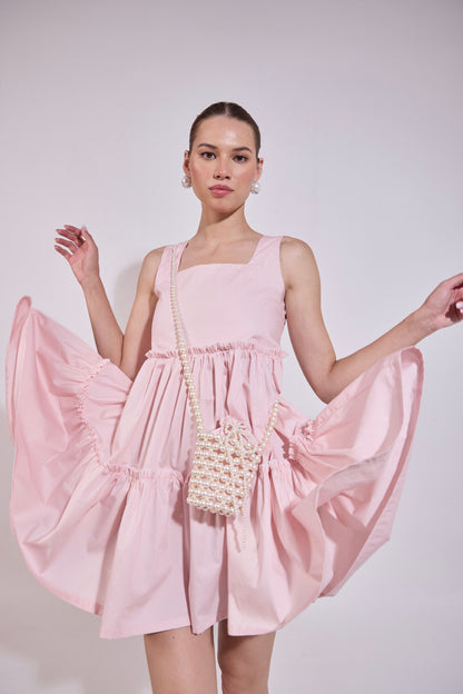 Blush Pink Flared Dress With Pearl Attatched Purse