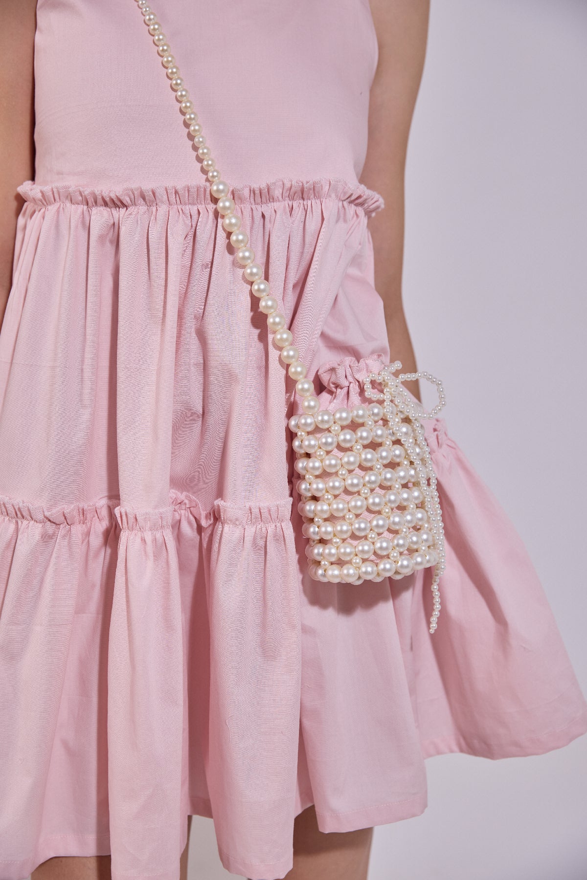 Blush Pink Flared Dress With Pearl Attatched Purse