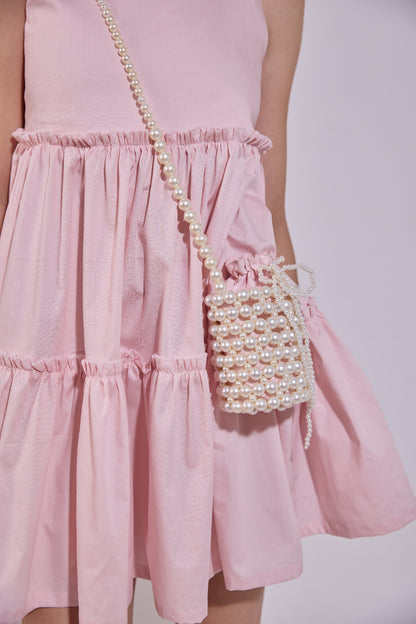 Blush Pink Flared Dress With Pearl Attatched Purse