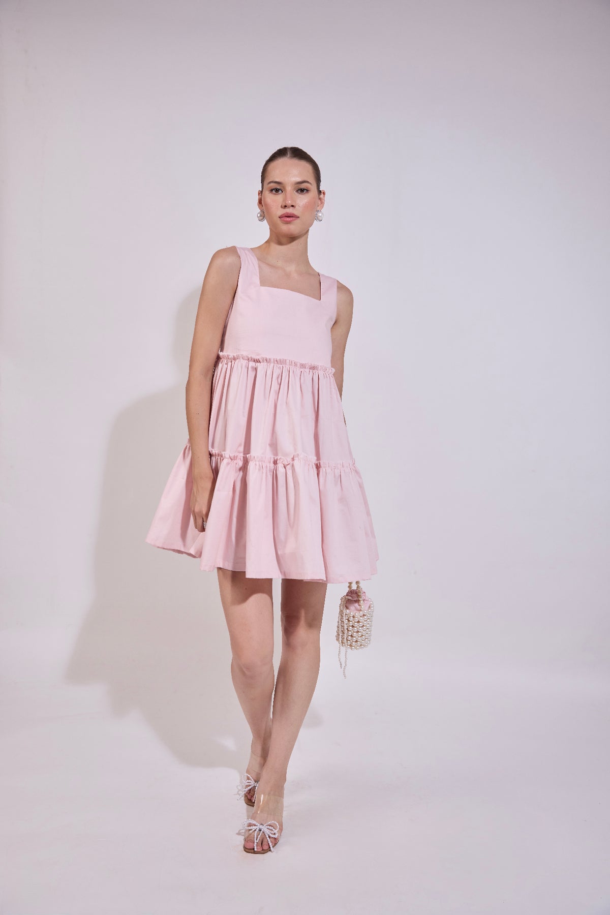 Blush Pink Flared Dress With Pearl Attatched Purse