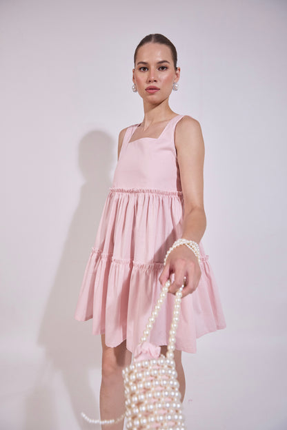 Blush Pink Flared Dress With Pearl Attatched Purse