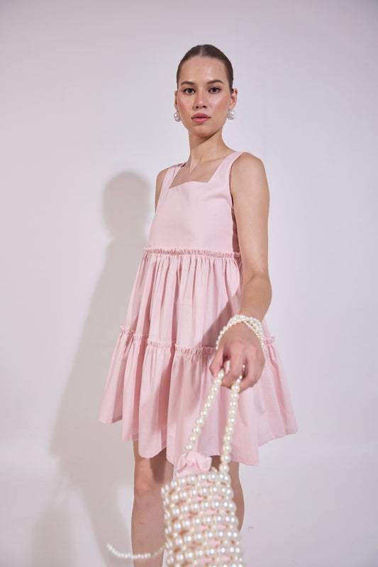 Blush Pink Flared Dress With Pearl Attatched Purse