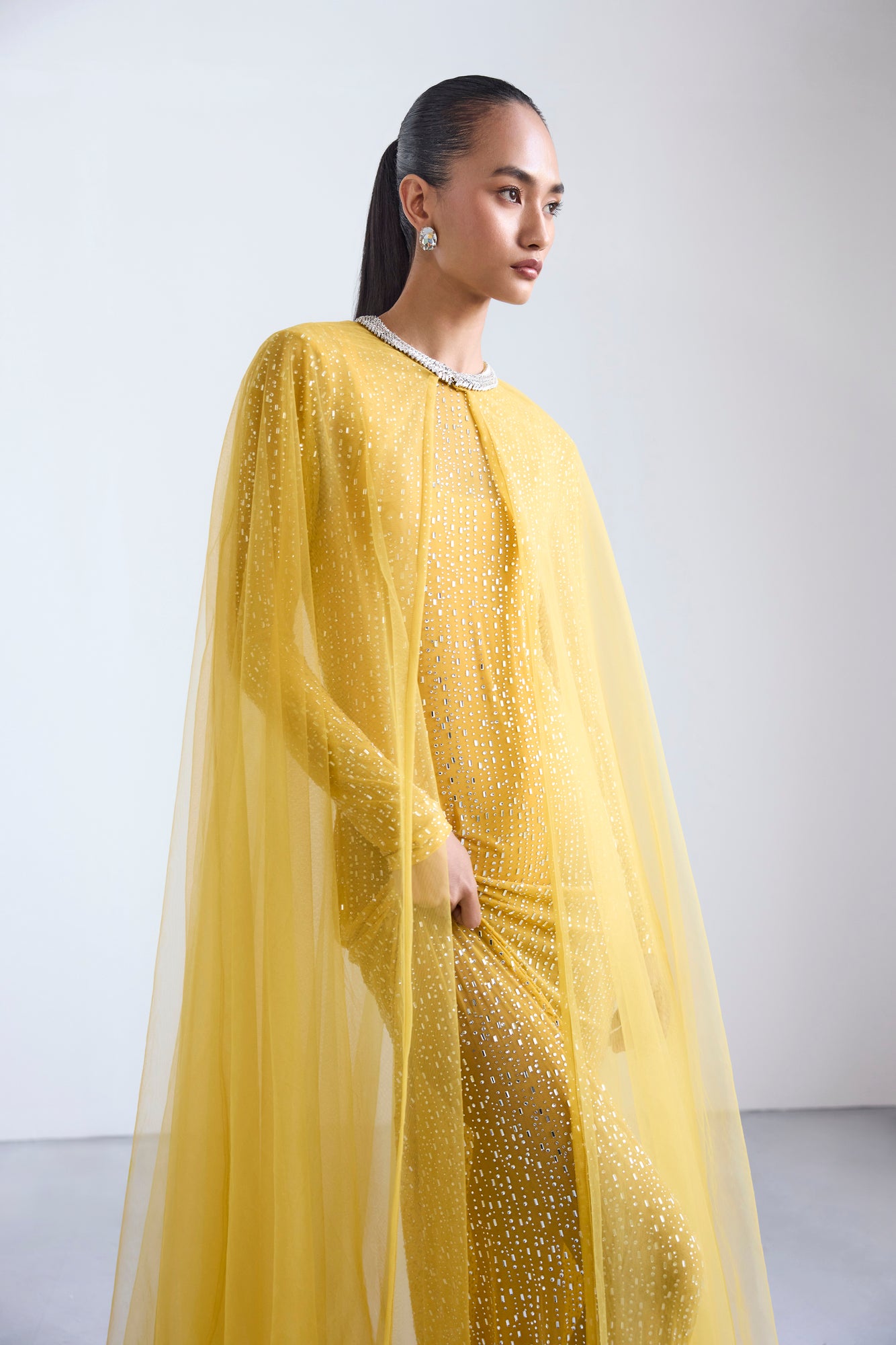 Embroidered Yellow Long Sleeve Dress With Cape
