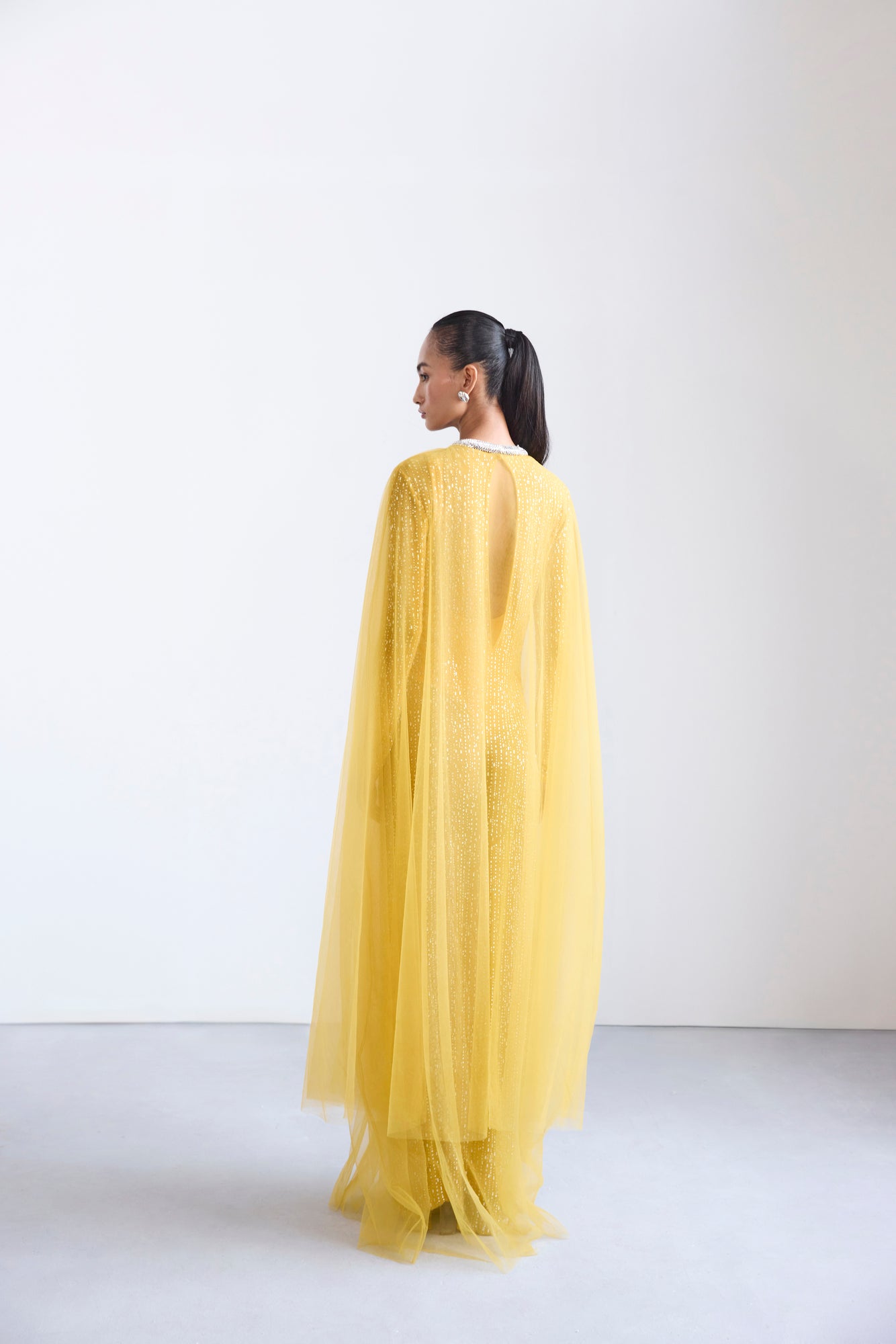 Embroidered Yellow Long Sleeve Dress With Cape