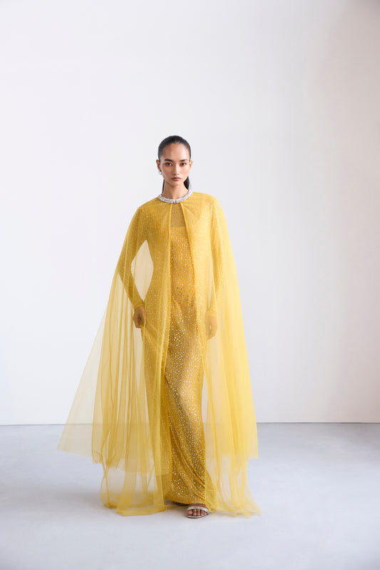 Embroidered Yellow Long Sleeve Dress With Cape