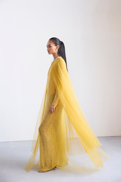 Embroidered Yellow Long Sleeve Dress With Cape