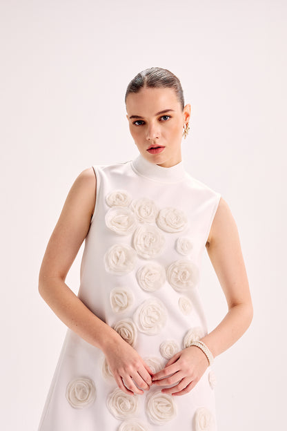 3D Flower Midi Scuba Baby Ivory Dress