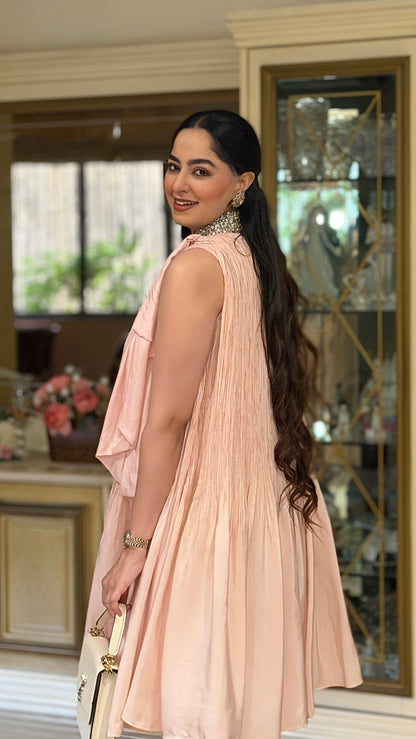 Baby Pink Crush Silk Dress With Embellished Neckline