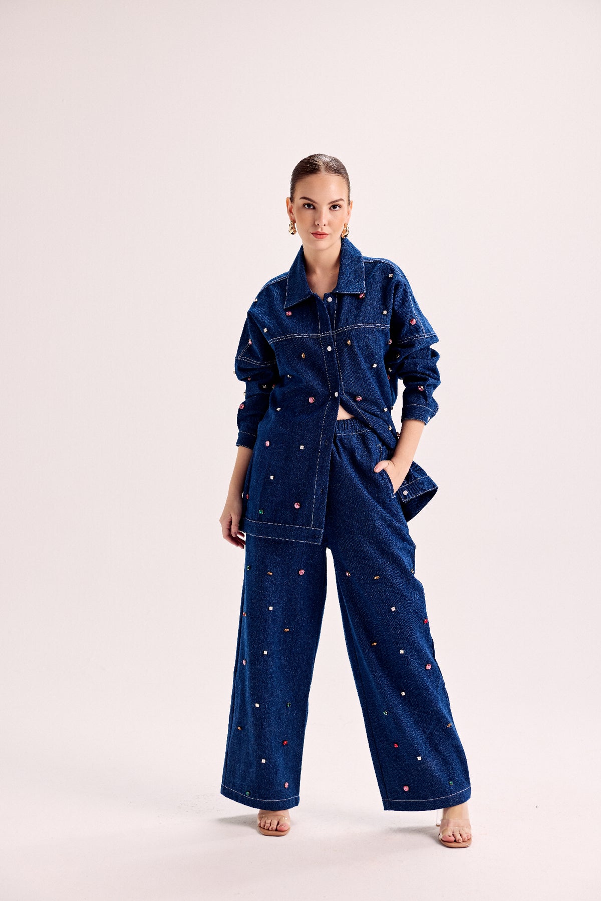 Multicolored Swarovski Embellished Denim Shirt Paired With Embellished Denim Pants
