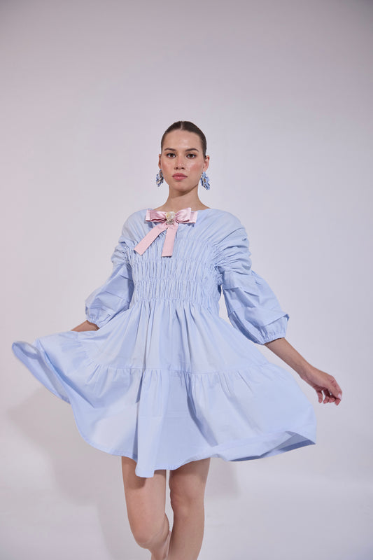Pintuck Gathered Bow Embellished Loose Fit Dress