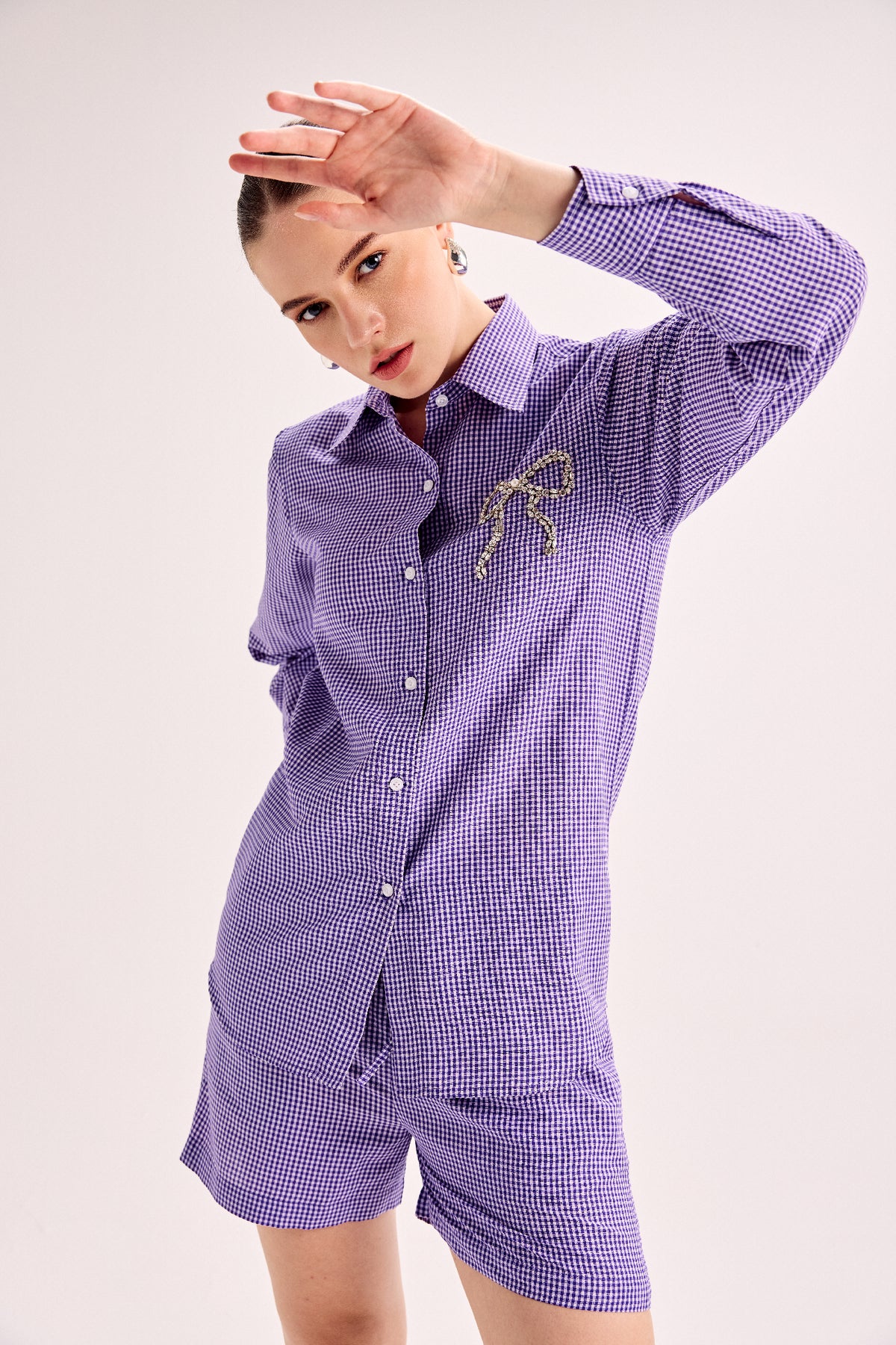 Crystal Bow Gingham Shirt & Shorts Co-Ord Set