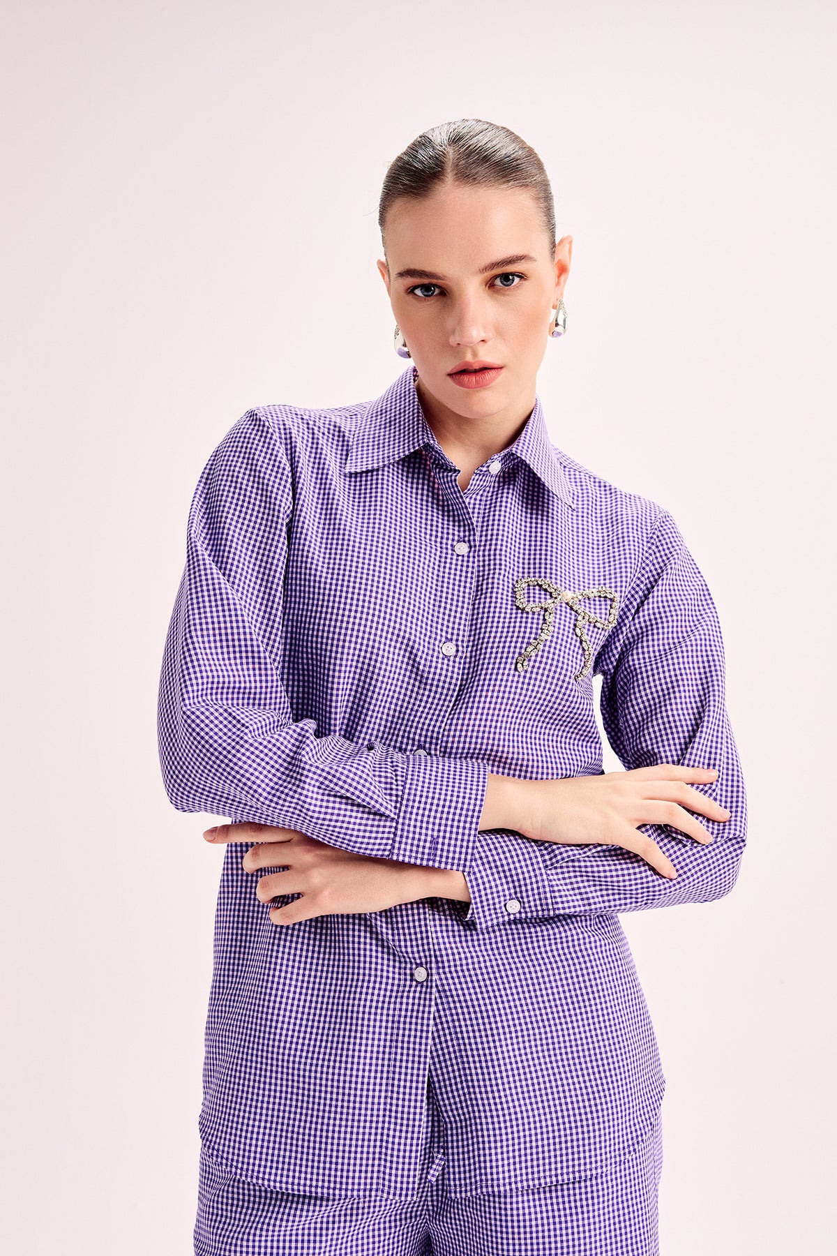 Crystal Bow Gingham Shirt & Shorts Co-Ord Set