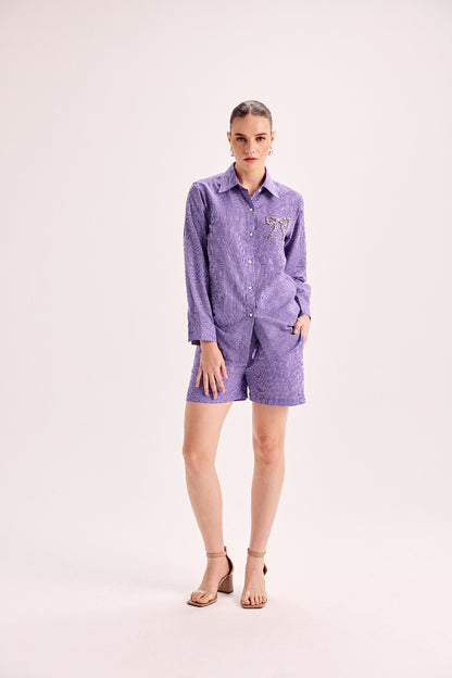 Crystal Bow Gingham Shirt & Shorts Co-Ord Set