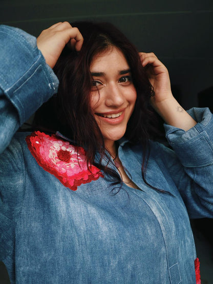 Floral Applique Denim Shift Dress