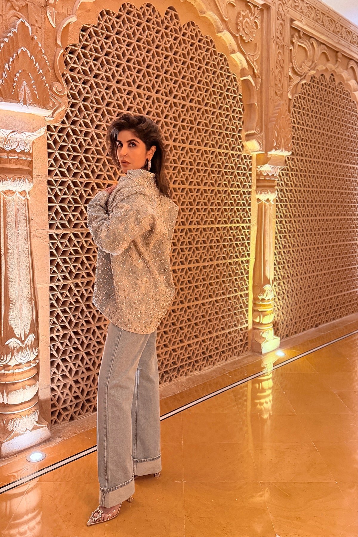 Two-Tone Swarosvki Embellished Denim Jacket & Flared Pant Set