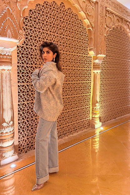 Two-Tone Swarosvki Embellished Denim Jacket & Flared Pant Set