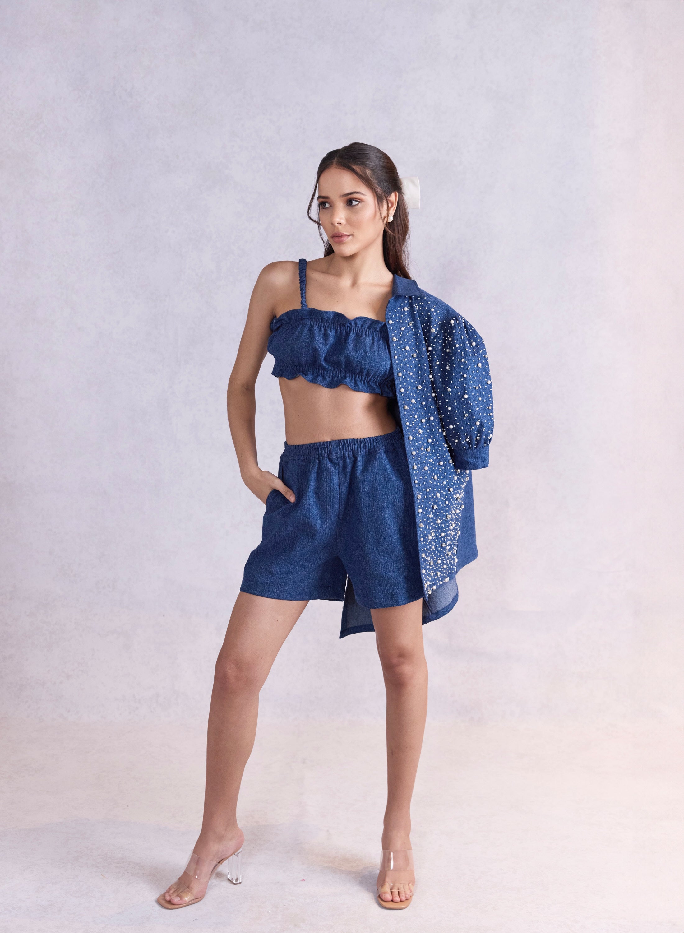 Embellished Denim Jacket With Denim Bustier And High Waist Shorts