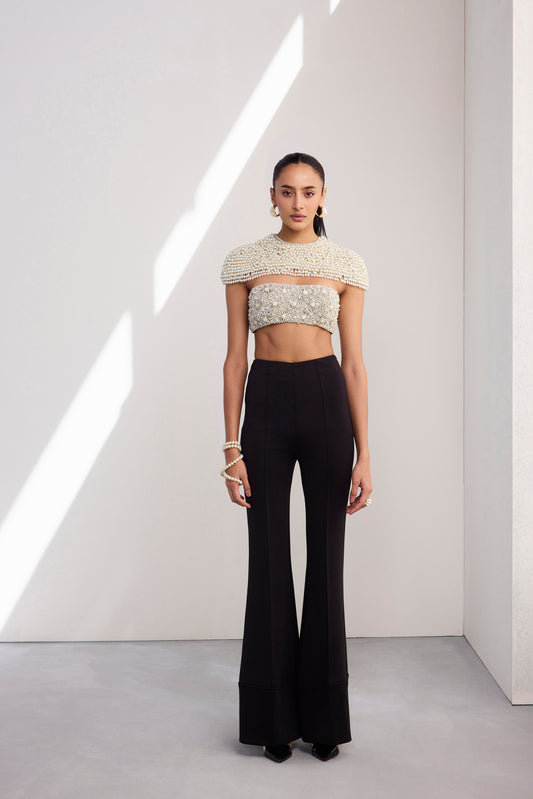 Pearl Embroidered Crop Cape Top Fit And Flare Bootcut Scuba Pants